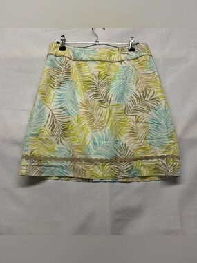 Vineyard Vines Palm Leaf A-Line Skirt - Aqua, Lime, Taupe on Cream linen blend 8